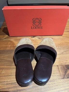 Loewe Beige Suede Slides with Dark Brown Leather Footbed